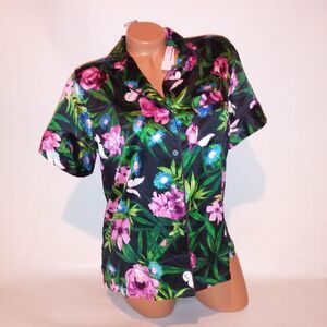 Victoria Secret Pajama Top Sleepwear XS Tropical Floral Button Up Satin Short Sl